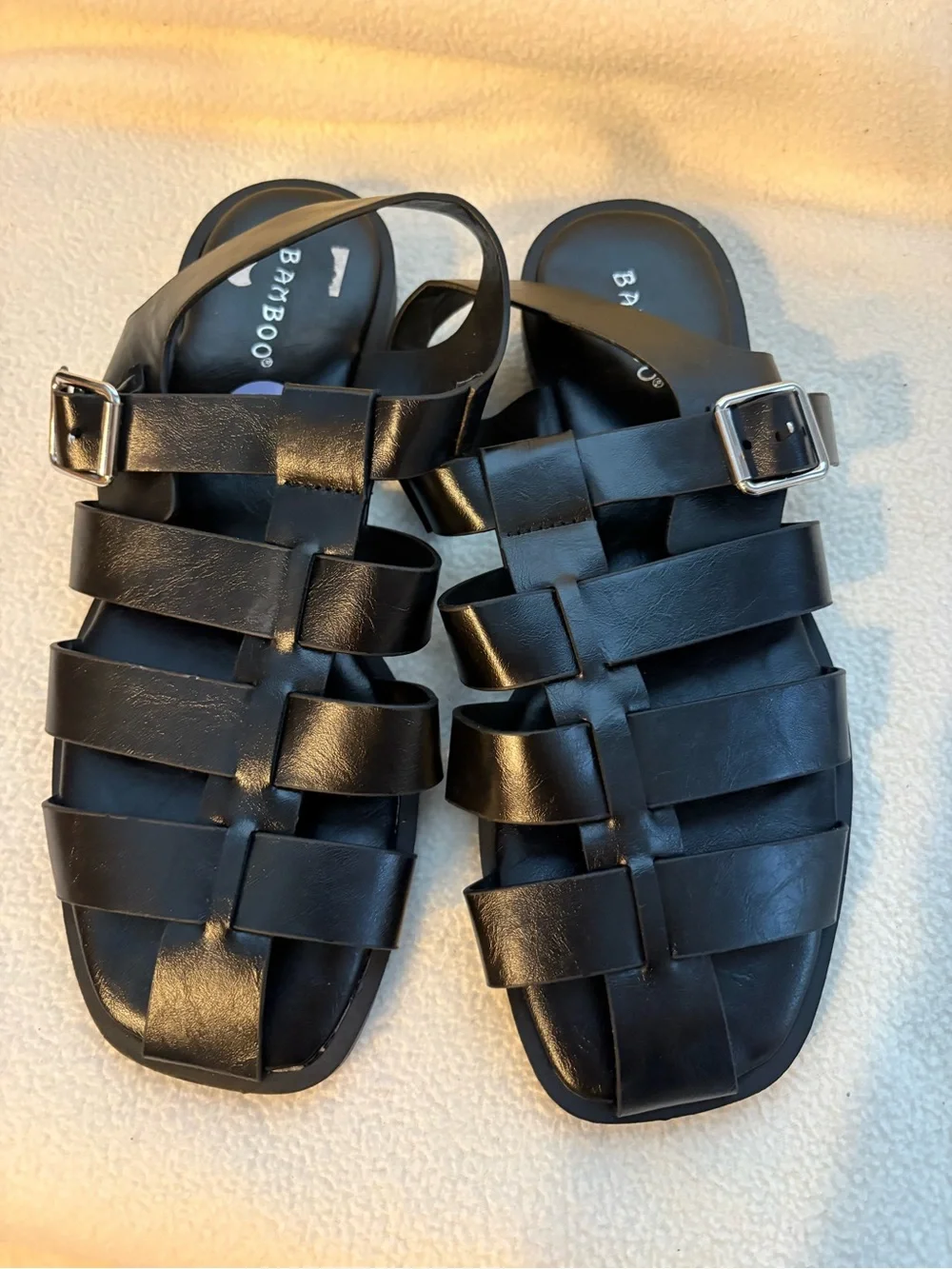 BAMBOO Men's Black Strappy Fisherman Sandals with Silver Buckles